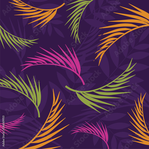 Tropical summer leaves, colorful background with copy space. Floral seamless pattern. Tropical illustration. Summer beach design. Paradise nature.
