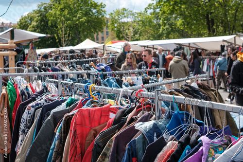 second hand clothing, vintage fashion on flea market, Berlin -