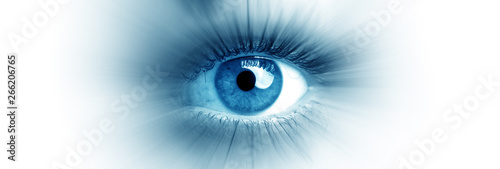 Blue eye of a woman. Eye in motion. Wide banner with a white background.