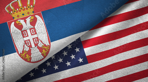 Serbia and United States two flags textile cloth, fabric texture