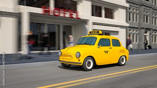 3d illustration of yellow taxi car on city street in motion.