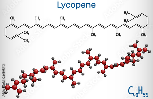 Lycopene molecule. Structural chemical formula and molecule model