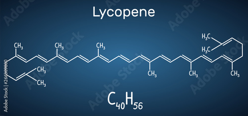 Lycopene molecule. Structural chemical formula on the dark blue background
