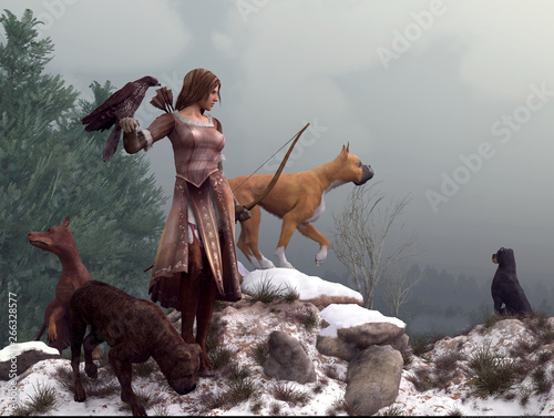Artemis, Goddess of the hunt and archery, dressed in brown leather stands on a snowy mountain top with a hawk on one arm and her hunting dogs all around her. 3D Rendering
