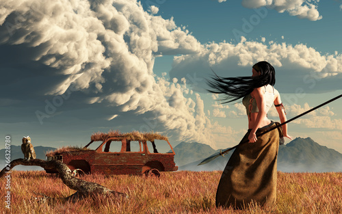 In this post apocalypse scene, a tribal huntress carrying a spear treks across a grassy plain. She encounters a rusty car, a thing of a bygone era. An owl perches nearby. 3D rendering