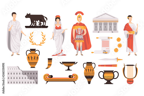 Traditional cultural symbols of ancient Rome set vector Illustrations on a white background