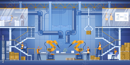 Smart factory interior with robotic arms, workers, engeneers and manager.