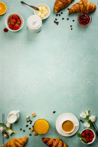 Continental breakfast captured from above, flat lay, top view