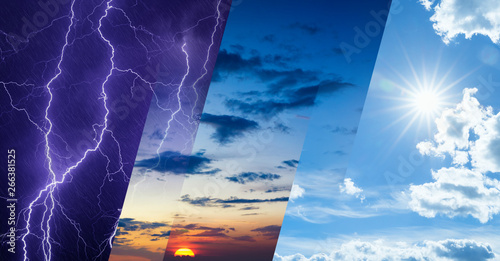Weather forecast concept, collage of variety weather conditions