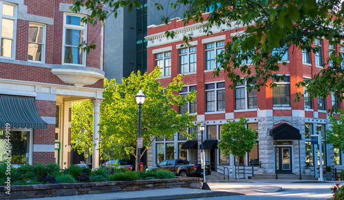 Building facade at sunset view, historical square downtown Fayetteville, Northwest Arkansas