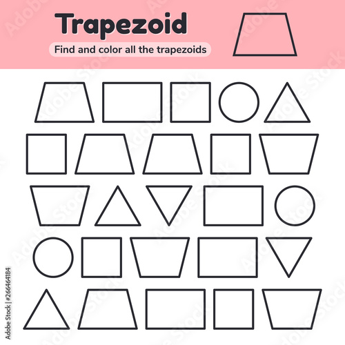 Vector illustration. Educational worksheet for kids kindergarten, preschool and school age. Geometric shapes. Rectangle, square, circle, triangle, trapezoid. Find and color.