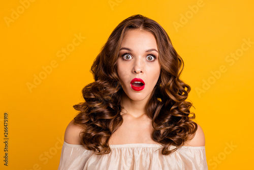 Close-up portrait of her she nice attractive lovely stunning winsome well-groomed terrified wavy-haired lady opened mouth isolated over bright vivid shine yellow background