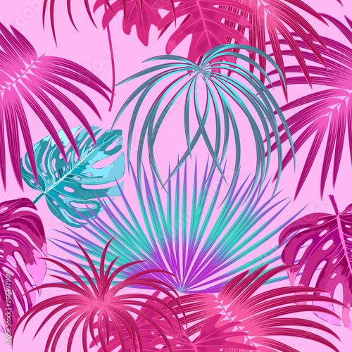 Tropical jungle pink palm leaves seamless pattern, vector