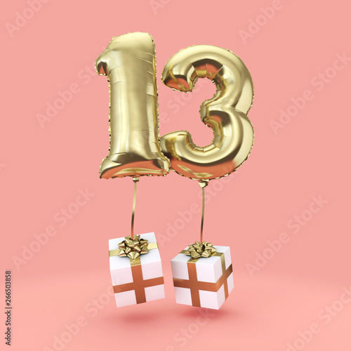Number 13 birthday celebration gold foil helium balloon with presents. 3D Render