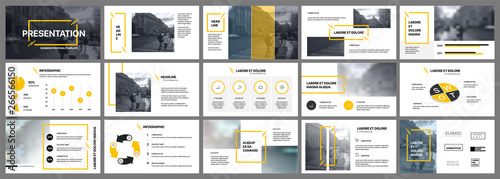 Presentation template. Yellow elements for slide presentations on a white background. Use also as a flyer, brochure, corporate report, marketing, advertising, annual report, banner.