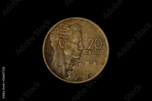 20 dinar yugoslavian coin isolated on the dark background