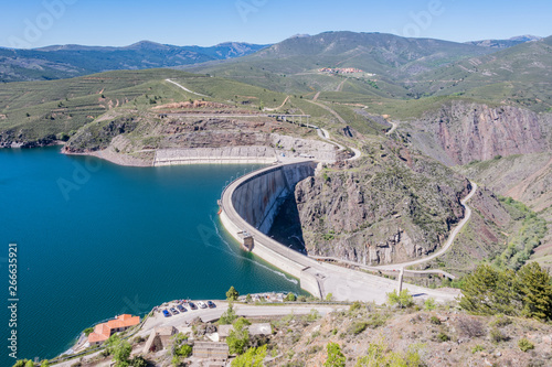 seen from height of the Atazar dam and in the background the town of the same name. madrid Spain