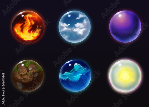 Shiny crystal orbs with symbols of nature elements, fire,air, magic,earth, water and light. Witchcraft paranormal future prediction balls. Gypsy fortune-telling magical sphere.