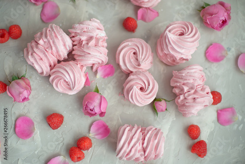 Rose and rose petals, raspberries, homemade pink marshmallows on a concrete background