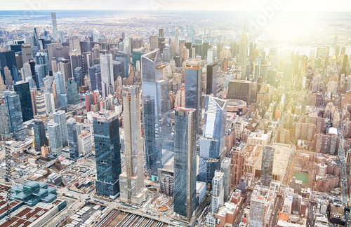 New York City from helicopter point of view. Midtown Manhattan and Hudson Yards on a cloudy day