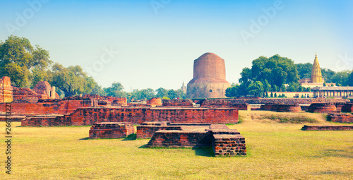 Ancient ruins and buddhist stupa Dharmarajika (Dhamek Stupa) in Sarnath. Uttar Pradesh, India