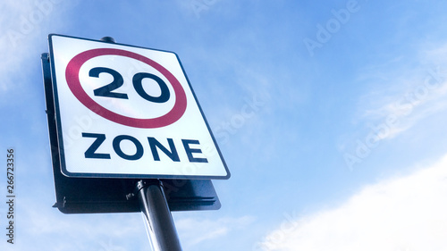 Traffic Road sign for 20mph (miles per hour) speed limit zone in the United Kingdom