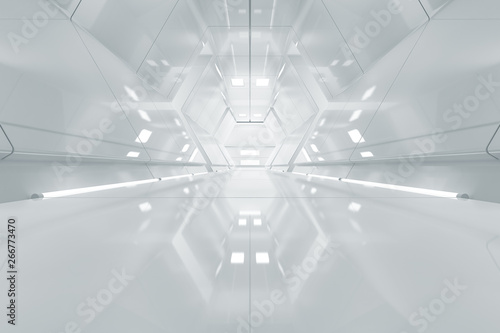 Abstract hexagon Spaceship corridor. Futuristic tunnel with light. Future interior background, business, sci-fi science concept. 3d rendering