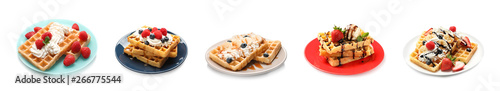 Set of delicious waffles with different toppings on white background