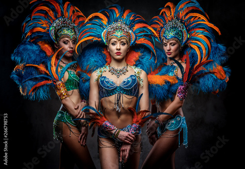 Portrait of a group sexy dancers female in colorful sumptuous carnival feather suits. Isolated on a dark background.