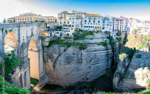 Puente Nuevo or “New Bridge” spans the 390ft (120m) deep El Tajo gorge in the city of Ronda, Andalucía, Spain. The construction started in 1759 and was finished in 1793.