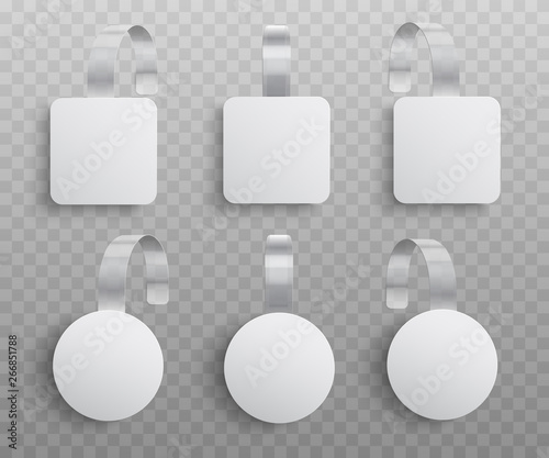 Vector illustration set of realistic custom promotional advertising wobblers of round and square shapes.