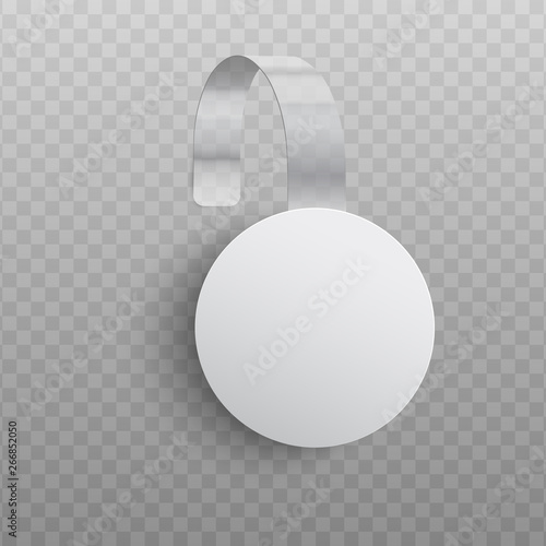 Vector illustration of realistic custom promotional advertising wobbler of round shape hanging on wall.
