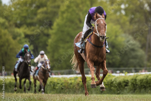 The jockey on horseback finishes during horse races