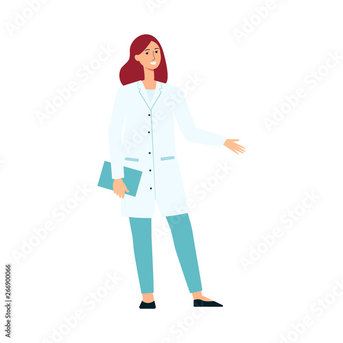 Medical female doctor standing and gesticulating cartoon style