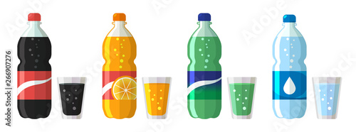 set of plastic bottle of water and sweet soda with glasses. Flat vector water soda icons illustration isolated on white
