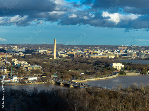 Top view scene of Washington DC down town which can see United states Capitol, washington monument, lincoln memorial and thomas jefferson memorial, history and culture for travel concept