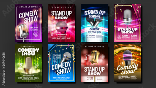 Collection Of Comedy Show Poster Cards Set Vector. Microphones, Bright Confetti, Multicolored Curtains Depicted And Calligraphy Text On Poster. Humorous Leisure Time In Club Realistic 3d Illustration