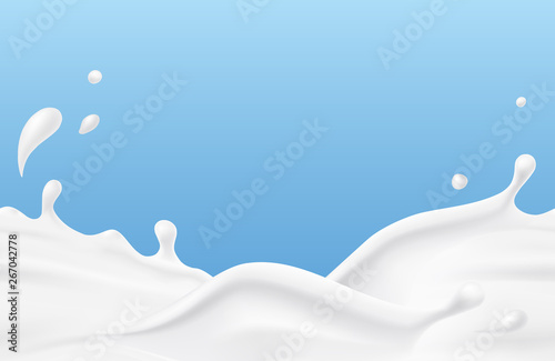 Milk splash seamless pattern. 3d realistic yogurt wave border on blue background. Vector milky package design.