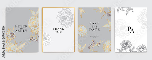 Golden Wedding Invitation, floral invite thank you, rsvp modern card Design in white rose with red berry and leaf greenery branches decorative Vector elegant rustic template