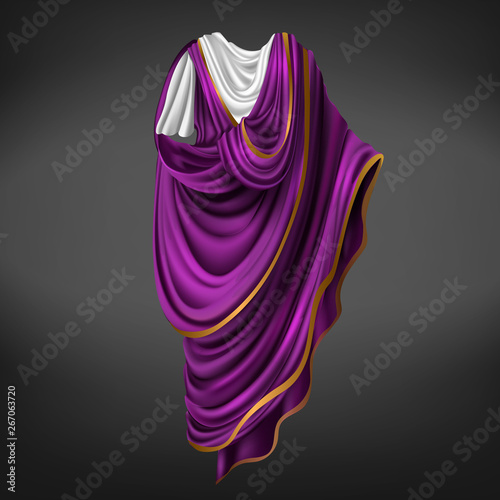 Roman toga. Ancient Rome commander or emperor dress male made of white, purple piece of fabric with golden border draped around body, folded gown, historical costume. Realistic 3d vector illustration