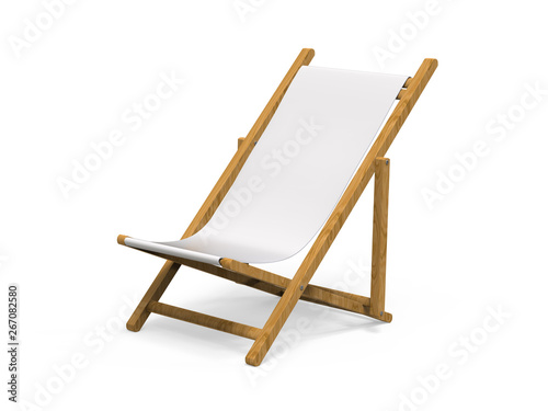 Folding wooden deckchair or beach chair mock up on isolated white background, 3d illustration