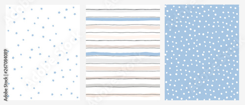 Simple Geometric Vector Pattern with Blue Stars and Stripes on a White Background and White Dots on a Blue Layout.Abstract Irregular Hand Drawn Pastel Color Design for Fabric,Printing, Wrapping Paper.