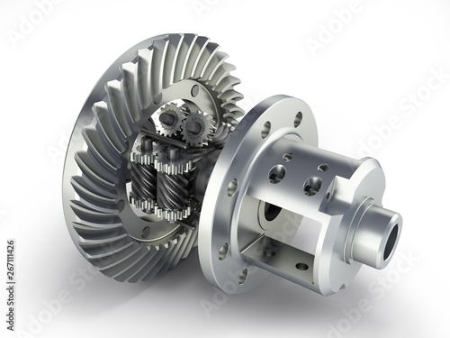 The differential gear in detal on white background 3d illustration