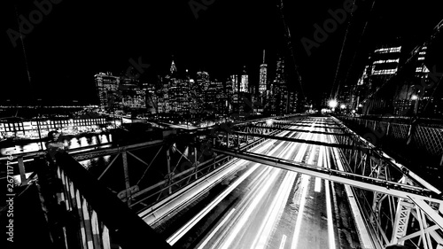 Brooklyn Bridge Traffic lights lines trails at night New York, USA, long exposure time, Slow Shutter, black and white.