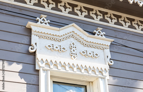 Vintage traditional wooden carved ornament of old house