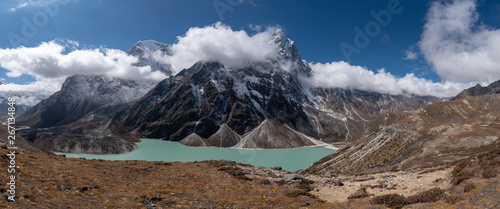 scenics view of cholatse 6,440 m and taboche 6,542 m path of mahalangur himal with Chola lake near zongla village at khumjung during Everest base camp trekking in Nepal.