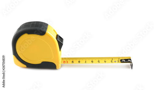 Metal measuring tape on white background. Construction tool