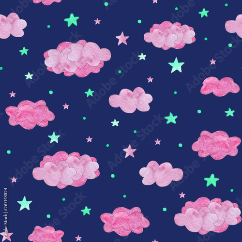 Seamless baby pattern of pink clouds and turquoise stars, on dark background
