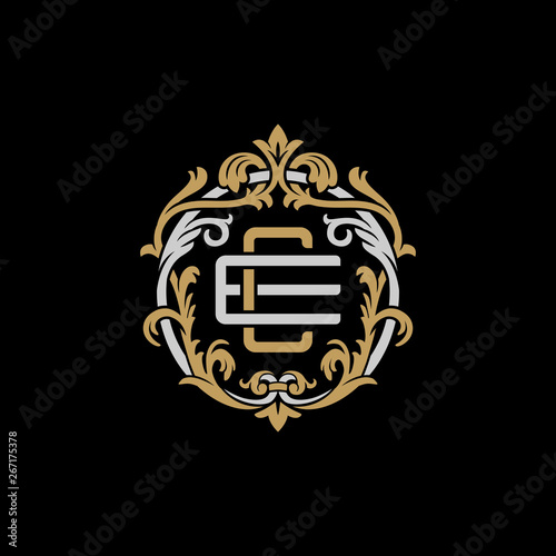 Initial letter E and C, EC, CE, decorative ornament emblem badge, overlapping monogram logo, elegant luxury silver gold color on black background