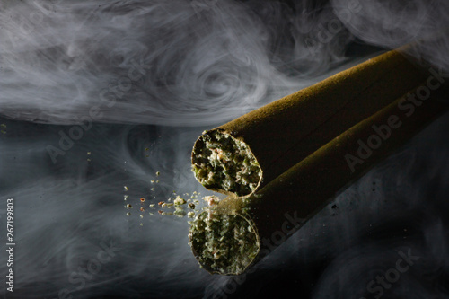 Stylized Cannabis Blunt Photograph with weed crumbs and smoke in the background